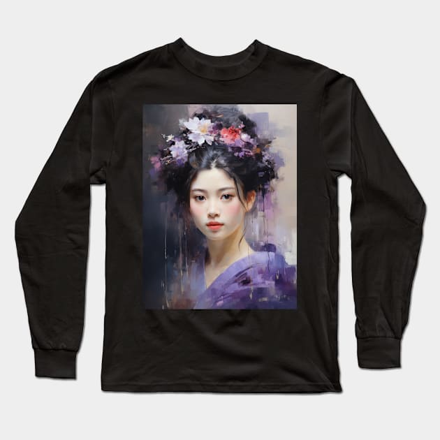 Japanese Girl in Purple With Flowers in Her Hair Long Sleeve T-Shirt by kansaikate